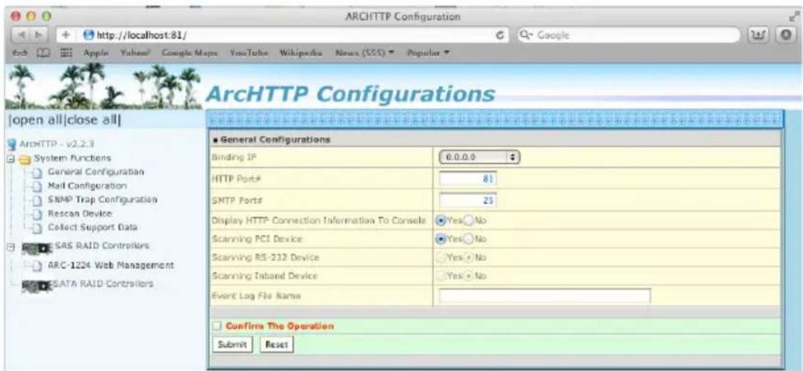 ARCHHTTP Configuration http://localhost:81/ Google Apple Value Google Maps YouTube Wikipedia News (SSS) Popular ArchHTTP Configurations |open all|close all| ArchHTTP - v2.2.3 System Functions General Configuration Mail Configuration SNMP Trap Configuration Rescan Device Collect Support Data SAS RAID…