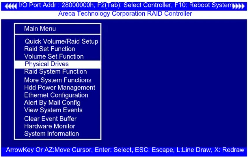 I/O Port Addr : 28000000h, F2(Tab): Select Controller, F10: Reboot System>>> Areca Technology Corporation RAID Controller Main Menu Quick Volume/Raid Setup Raid Set Function Volume Set Function Physical Drives Raid System Function More System Functions Hdd Power Management Ethernet Configuration Ale…