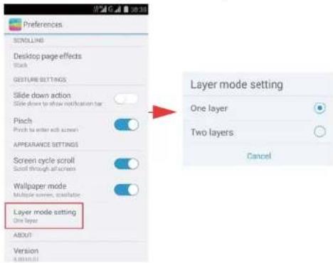 Preferences SELLING Desktop page effects Stack GESTURE SETTINGS Slide down action Slide down to show notification bar Pinch Pitch to set off screen APPEARANCE SETTINGS Screen cycle scroll Scroll through all screens Wallpaper mode Multiple screen, oscillator Layer mode setting One layer About Version 4.0010.01 Layer mode setting One layer Two layers Cancel