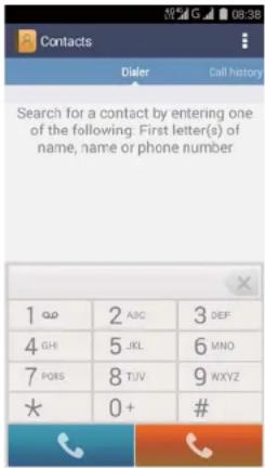 Contacts Dialer Call history Search for a contact by entering one of the following: First letter(s) of name, name or phone number 1 2 ABC 3 DEF 4 GH 5 JKL 6 MNO 7 PQRS 8 TJV 9 WXYZ * 0 + # *