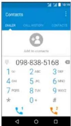 Contacts DAALER CALL HISTORY CONTACTS Add to contacts 甲 098-838-5168 1 GO 2 ABC 3 CBF 4 OHI 5 JNJ 6 MNO 7 PQRS 8 TUN 9 WOXZ * 0+ # 1 2