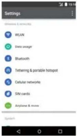 Settings Wireless & networks WLAN Data usage Bluetooth Tethering & portable hotspot Cellular networks SIN cards Airplane & more System