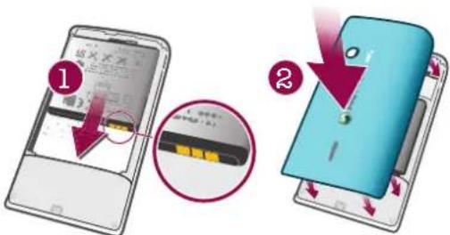 Diagram illustrating smartphone screen usage and battery charging process, showing step 1 with red arrow and magnified view of battery cable
