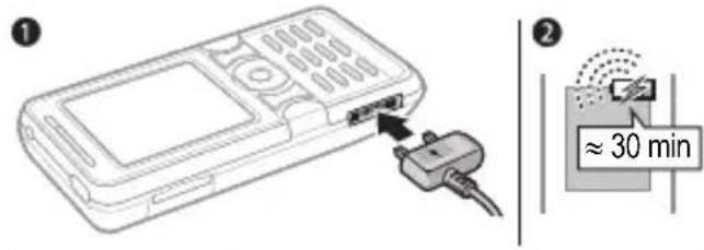 Diagram showing a mobile phone with an attached plug and a time indicator showing approximately 30 minutes.