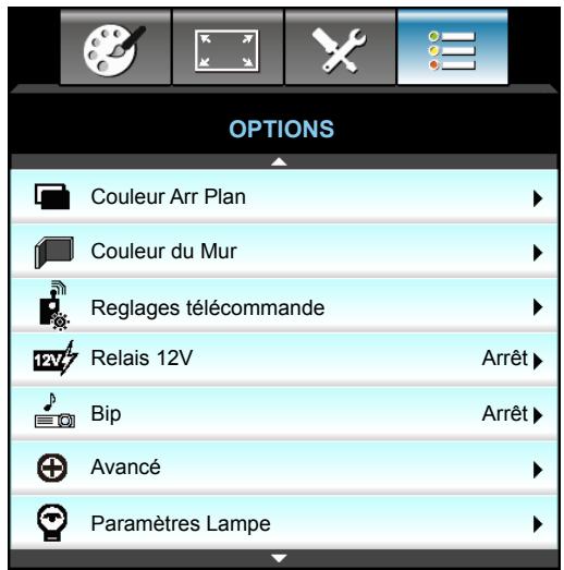 OPTIONS Couleur Arr Plan Couleur du Mur Reglages télécommande Relais 12V Bip Avancé Paramètres Lampe