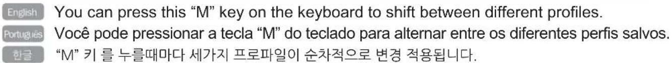 English You can press this "M" key on the keyboard to shift between different profiles. Portugues Você pode pressionar a tecla "M" do teclado para alternar entre os diferentes perfis salvos. 한글 "M" 키 를 누름때마다 세가지 프로파일이 순차적으로 변경 적용됩니다.