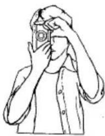 Line drawing of a person holding a camera, covering their face with hands behind (no text or symbols)