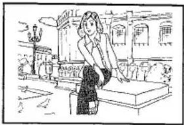 Line drawing of a woman standing beside a large architectural structure with windows and a lamp (no text or symbols)