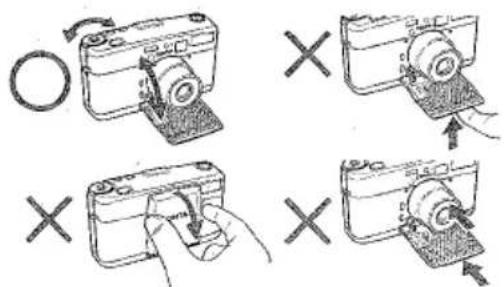 Diagram showing four steps of a camera operation: rotation, crosshair insertion, hand press, and final display.
