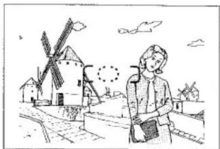 Illustration of a person holding a book near a windmill and houses under a sky (no text or symbols)