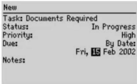 New Task: Documents Required Status: In Progress Priority: High Due: By Date: Fri, 15 Feb 2002 Notes: