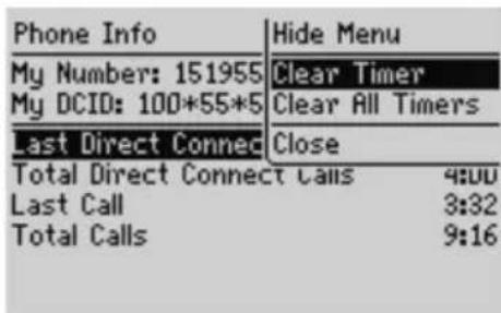 Phone Info My Number: 151955 My DCID: 100*55*5 Last Direct Connec Total Direct Connect Calls Last Call Total Calls Hide Menu Clear Timer Clear All Timers Close 4:00 3:32 9:16