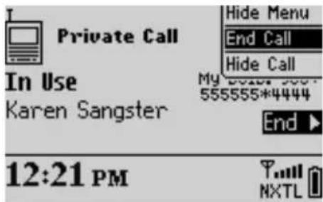 Private Call In Use Karen Sangster Hide Menu End Call Hide Call My Date: 3001 555555*4444 End ▶ 12:21 PM T..... NXTL