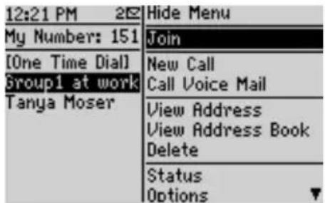 12:21 PM 2E My Number: 151 [One Time Dial] Group1 at work Tanya Moser Hide Menu Join New Call Call Voice Mail View Address View Address Book Delete Status Options