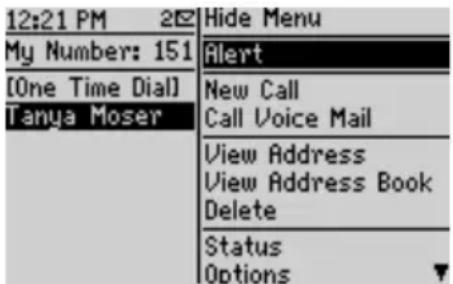 12:21 PM 20 My Number: 151 [One Time Dial] Tanya Moser Hide Menu Alert New Call Call Voice Mail View Address View Address Book Delete Status Options