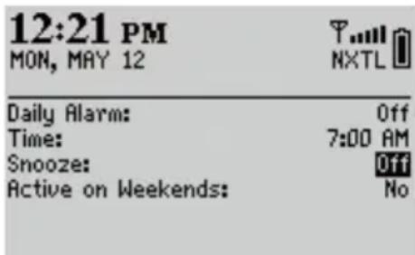 12:21 PM MON, MAY 12 T..... NXTL Daily Alarm: Time: Snooze: Active on Weekends: Off 7:00 AM Off No