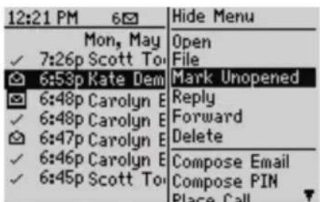 12:21 PM Mon, May 7:26p Scott To 6:53p Kate Dem 6:48p Carolyn E 6:48p Carolyn E 6:47p Carolyn E 6:46p Carolyn E 6:45p Scott To Hide Menu Open File Mark Unopened Reply Forward Delete Compose Email Compose PIN Place Call