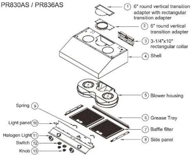 PR830AS / PR836AS ① 6" round vertical transition adapter with rectangular transition adapter ② 6" round vertical transition adapter ③ 3-1/4"x10" rectangular collar ④ Shell ⑤ Blower housing Spring ⑨ Light panel ⑩ Halogen Light ⑪ Switch ⑫ Knob ⑬ ⑦ Grease Tray Baffle filter ⑧ Side panel
