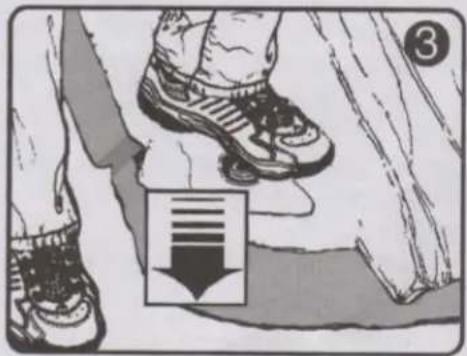 Illustration showing a person's legs and shoes with a download icon below, indicating a download or navigation step.