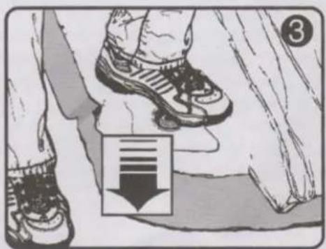 Illustration showing a person's foot stepping on a shoe with a downward arrow and number 3 in the corner, likely indicating a step or location of interest.