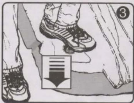 Illustration showing a person's foot wearing a high-lying shoe with a downward arrow and number 3, likely indicating a step or location of interest.