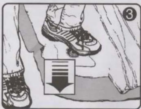 Illustration showing a person's foot stepping on a shoe with a downward arrow and number 3 in the corner, likely indicating a step or location.