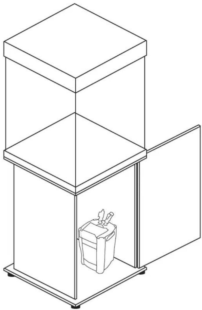 Line drawing of a multi-tiered storage cabinet with an open door, containing a small container (no text or symbols)