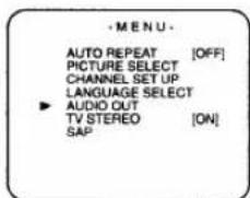 - MENU - AUTO REPEAT [OFF] PICTURE SELECT CHANNEL SET UP LANGUAGE SELECT AUDIO OUT TV STEREO [ON] SAP