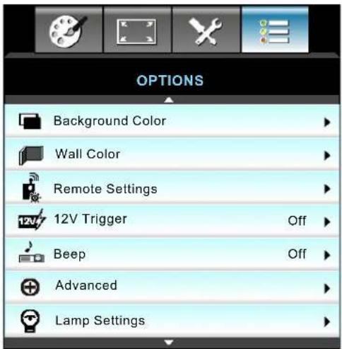 OPTIONS Background Color Wall Color Remote Settings 12V Trigger Beep Advanced Lamp Settings