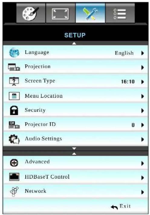 SETUP Language English ▶ Projection Screen Type 16:10 ▶ Menu Location Security Projector ID 0 ▶ Audio Settings Advanced HDBaseT Control Network Exit