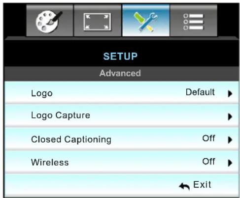 SETUP Advanced Logo Default ► Logo Capture ► Closed Captioning Off ► Wireless Off ► Exit