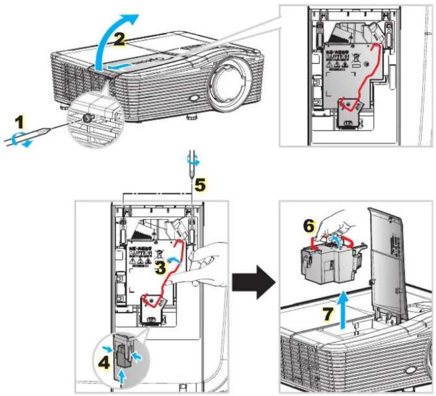 Diagram illustrating the step-by-step installation of a projector with labeled parts and directional arrows indicating motion.