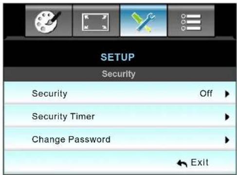 SETUP Security Security Off ▶ Security Timer Change Password Exit