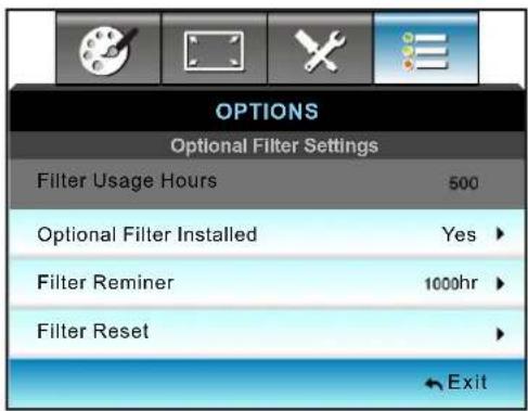 OPTIONS Optional Filter Settings Filter Usage Hours 500 Optional Filter Installed Yes ▶ Filter Reminer 1000hr ▶ Filter Reset ▶ Exit