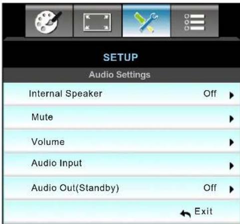 SETUP Audio Settings Internal Speaker Off ▶ Mute ▶ Volume ▶ Audio Input ▶ Audio Out(Standby) Off ▶ ← Exit
