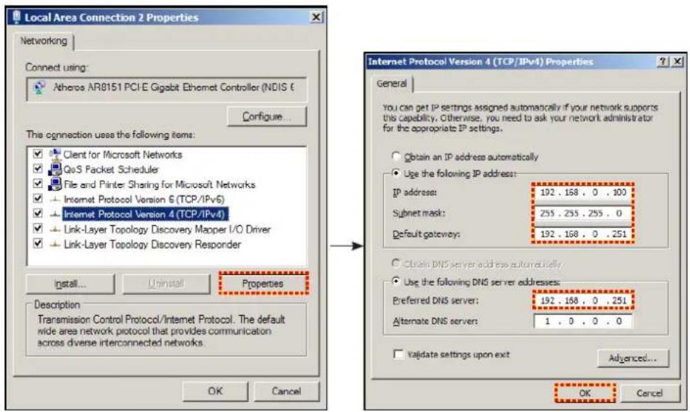 Local Area Connection 2 Properties Networking Connect using: Atheros AR8151 PCI E Gigabit Ethernet Controller (NDIS € Configure... This connection uses the following items: Client for Microsoft Networks QoS Packet Scheduler File and Printer Sharing for Microsoft Networks Internet Protocol Version 6 (TCP/IPv6) Internet Protocol Version 4 (TCP/IPv4) Link-Layer Topology Discovery Mapper I/O Driver Link-Layer Topology Discovery Responder Install... Uninstall Properties Description Transmission Control Protocol/Internet Protocol. The default wide area network protocol that provides communication across diverse interconnected networks. Internet Protocol Version 4 (TCP/IPv4) Properties General You can get IP settings assigned automatically if your network supports this capability. Otherwise, you need to ask your network administrator for the appropriate IP settings. Obtain an IP address automatically Use the following IP address: IP address: 192 . 168 . 0 . 100 Subnet mask: 255 . 255 . 255 . 0 Default gateway: 192 . 168 . 0 . 251 Clain DNS server address automatically Use the following DNS server addresses: Preferred DNS server: 192 . 168 . 0 . 251 Alternate DNS server: 1 . 0 . 0 . 0 Validate settings upon exit Advanced... OK Cancel OK Cancel