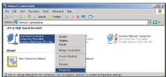 Network Connections File Edit View Favorites Tools Advanced Help Search Folders Address Network Connections LAN or High-Speed Internet Local Area Connection Configuration Required Proportion Networks 57.1 x 62 Wizards New Connection Wizard Details Scattered Repair Bridge Connections Create Shortout Dining Rename Properties Wireless Network Connection for connector, required type Total(R) Wireless WITH LAN <50...