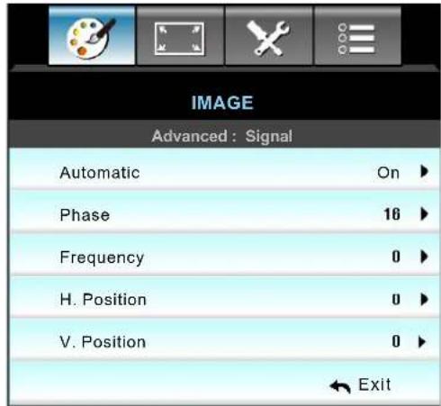 IMAGE Advanced : Signal Automatic On ► Phase 16 ► Frequency 0 ► H. Position 0 ► V. Position 0 ► Exit