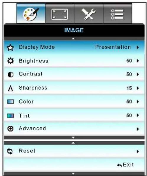 IMAGE Display Mode Presentation Brightness 50 Contrast 50 Sharpness 15 Color 50 Tint 50 Advanced Reset Exit