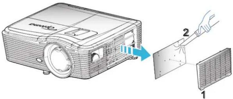 Diagram showing a projector with labeled parts and a close-up of its internal structure, including parts numbered 1 and 2.