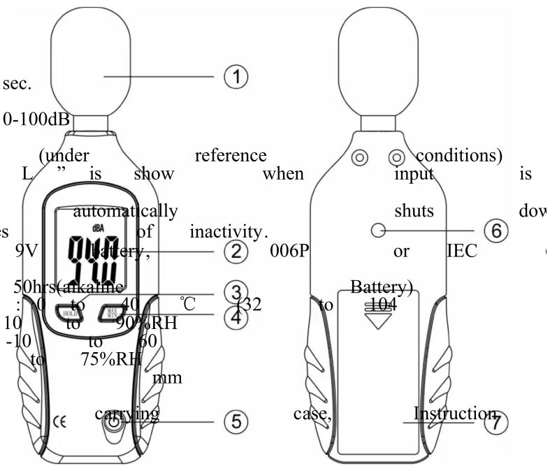 sec. 0-100dB (under L" is show reference when automatically of inactivity. 9V battery, 50hrs(alkaline to 40 °C 32 10 to 90%RH -10 to 60 mm to carrying case, instructions ① ② 006P ③ ④ ⑤ ⑥ ⑦ input conditions) shuts or IEC Battery) 104