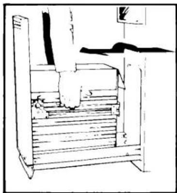 Line drawing of a mechanical device with stairs and a handle, no text or symbols present