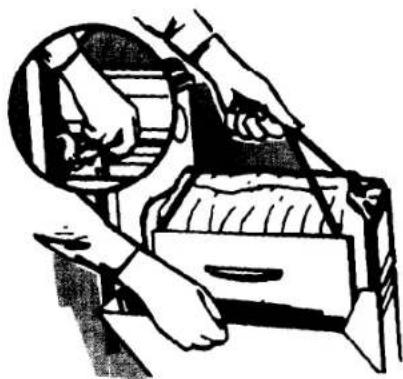 Illustration of a person using a magnifying glass to examine a document inside a filing cabinet (no text or symbols visible)