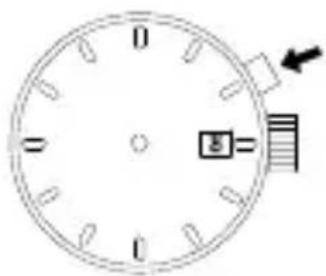 Diagram of a circular dial with labeled terminals and an arrow indicating direction, featuring a small square symbol at the center.