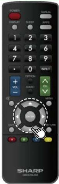 POWER DISPLAY SLEEP 1 2 3 4 5 6 7 8 9 0 INPUT + VOL - OPTION AUDIO CH MENU EXIT RETURN A B C SHARP GR4HAVA