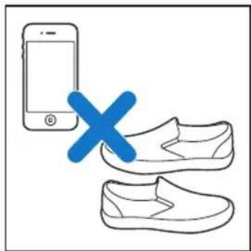 Illustration showing a smartphone and two shoes with a blue X symbol (no text or symbols present)