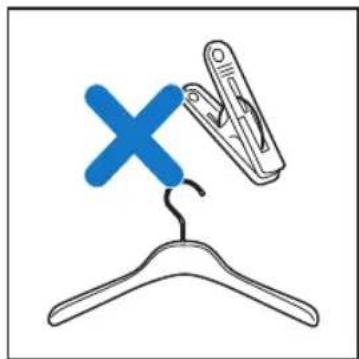Illustration of a hanger with a blue X mark and a pair of clothes hanging from its side (no text or symbols)