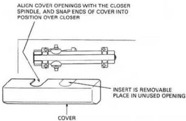 ALIGN COVER OPENINGS WITH THE CLOSER SPINDLE, AND SNAP ENDS OF COVER INTO POSITION OVER CLOSER INSERT IS REMOVABLE PLACE IN UNUSED OPENING COVER