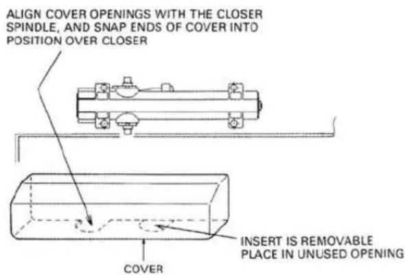 ALIGN COVER OPENINGS WITH THE CLOSER SPINDLE, AND SNAP ENDS OF COVER INTO POSITION OVER CLOSER INSERT IS REMOVABLE PLACE IN UNUSED OPENING COVER