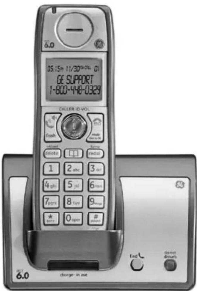 6.0 05:15pm 11/30th-01L 01 GE SUPPORT 1-800-448-0329 CALLER ID-VOL Fresh minutes minutes to 10 minutes delete 1 2 abc 3 off 4 gh 5 jnl 6 rms 7 pirs 8 tuv 9 mags open power 6.0 charge-in use find donet disnuts